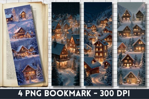 Cozy Winter Village Night Bookmark Design