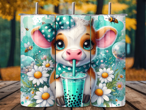 Daisy Flower Boba Highland Cow Tumbler W Wraps