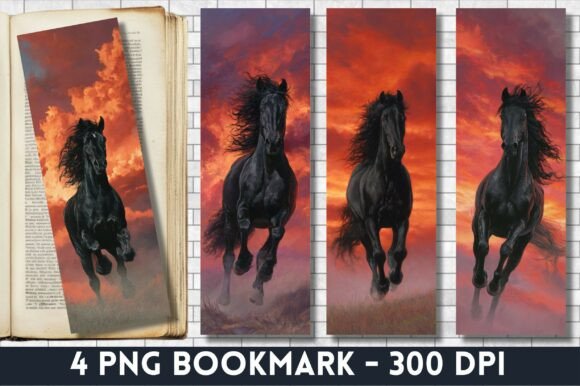 Majestic Black Horse Sunset Bookmark Print Templates
