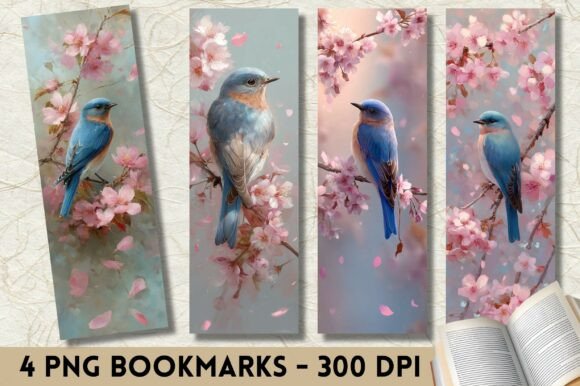 Pink Cherry Blossom Bluebird Bookmark Print Templates