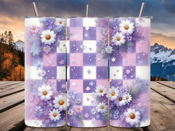 Purple Retro Daisy Checkered Tumbler Wraps