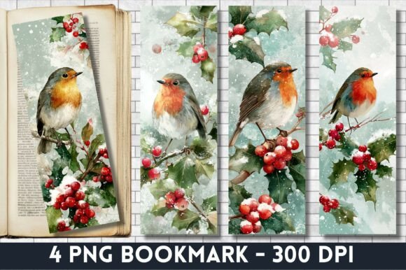 Winter Robin Holly Berry Bookmark Design for Crafts